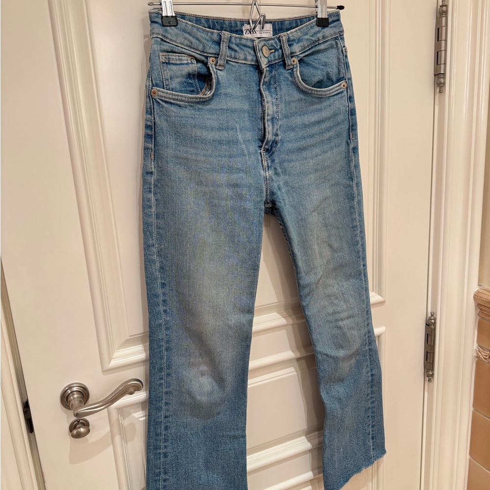 Zara Light Blue Cropped Flare Denim Jeans